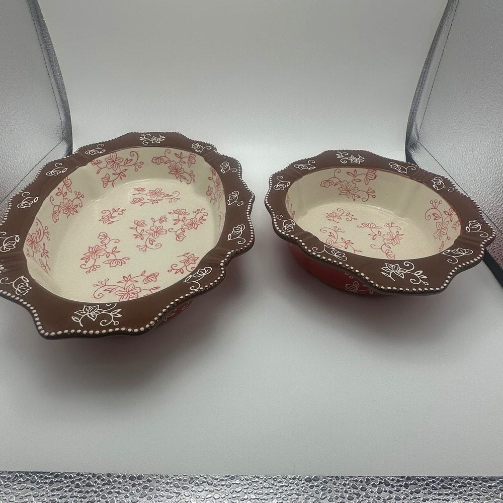 Temp-tations Floral Lace Red 1.5 QT Oval Baker & Round Bowl Set Ceramic 2 Piece